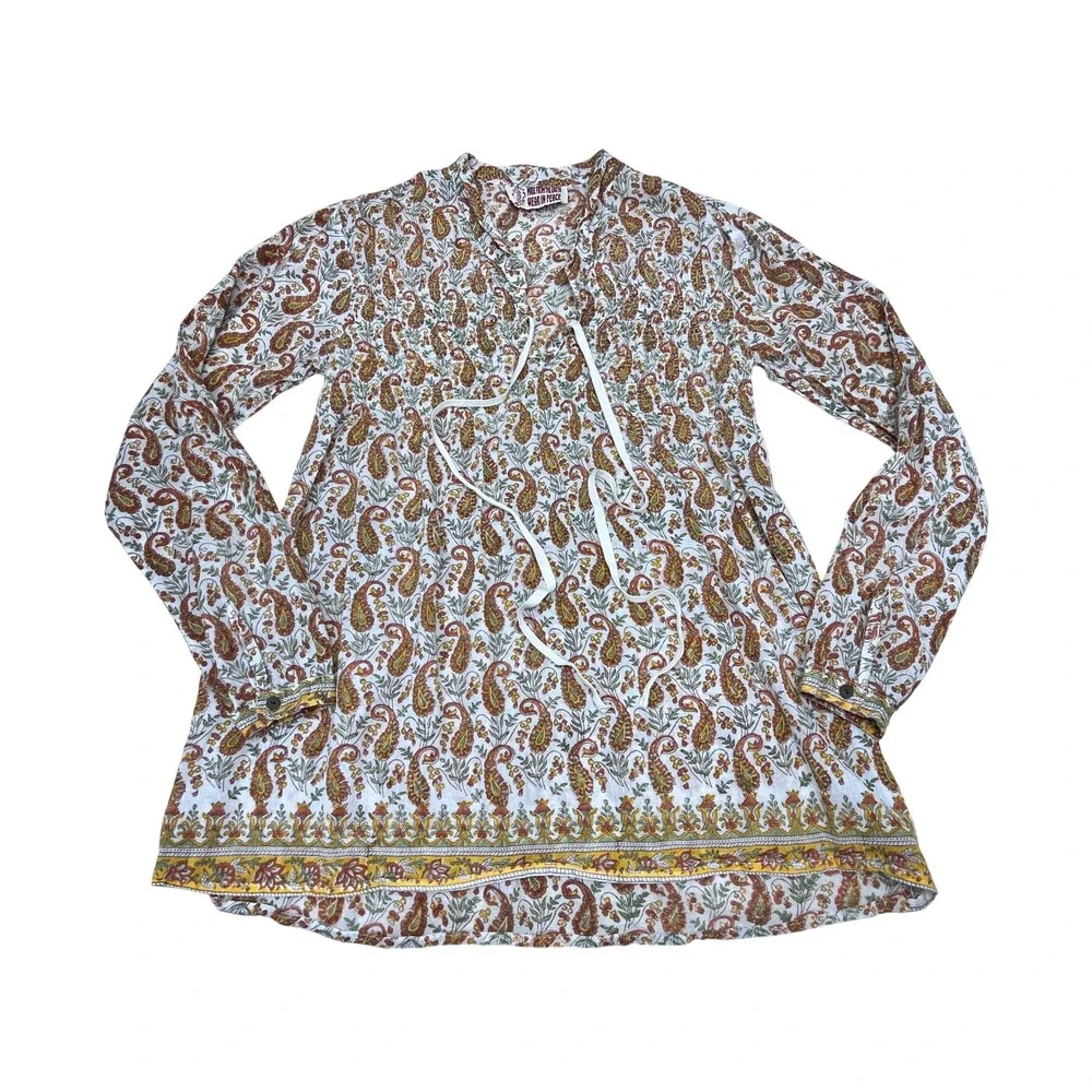 Gypsy 05 Blouse Womens Small Orange Paisley Excellent Smocked Tassel‎ Tie Top